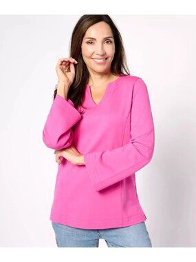 Belle by Kim Gravel Top Ponte Split Neck Blouse Hot Pink sz 1X A627946